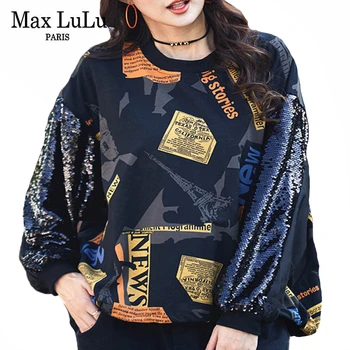 Max LuLu Novo Pomlad Evropski Stil Oblikovalec Ženske Natisnjeni Svoboden Sequins Hoodies, Womens Casual Punk Sweatshirts Vintage Oblačila