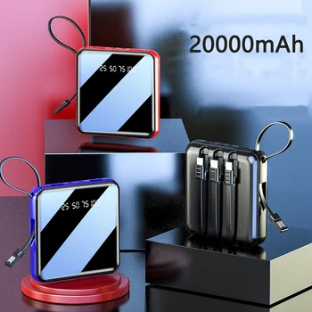 Mini Power Bank 20000mAh USB Tip C Powerbank Zunanje Baterije Vgrajen Kabel Za Huawei iPhone 12 Samsung S20 Xiaomi Poverbank