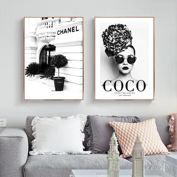 Moda Cvet Ženska Plakat in Tiskanje Coco Ponudbe Wall Art Platno Slikarstvo Črno Beli Modi Slike za Dnevni Sobi Doma Dekor