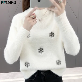 Moda snežinka vezenje pol turtleneck puloverji ženske pozimi toplo Posnemali mink volna puloverji nov prihod pletene vrhovi