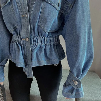 Modra Elastična Kratka Slim Zbiranje Pasu Denim Jakna Ženske Seksi Proti-Vrat Svoboden Odrezana Jean Plašč Trendy Pomlad Outwear Korejskem Slogu