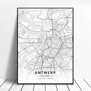 Mons Liege Charleroi Leuven Ghent Antwerpen, Bruselj, Belgija Platno Art Map Plakat