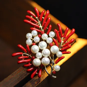 Naravni lupina kroglice vrsto novih baker dnu gilded Kitajski slog coral red cvet broška Tovarne neposredne prodaje