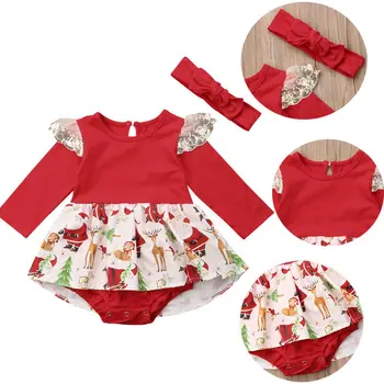 Newborn Baby Dekle Božična Obleka, Dojenčki Božič Jumpsuit Glavo Obleke Obleke, Kompleti