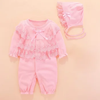 Newborn Baby Girl Obleke & Igralne Obleke 0 3 Mesecih Bombaž Dolge Rokave Jesen Pomlad Roza Romper Baby Dekle Nogavice 3 6 9 Mesecev