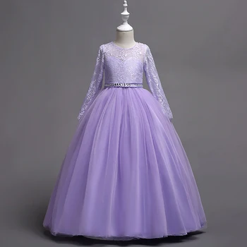 Nov Prihod Princesa Dolge Rokave Roza Čipke Roža Punca Obleke Dekleta Pageant Obleko Za Prvo Obhajilo Obleke Party Obleke
