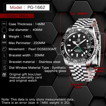 PAGRNE DESIGN Luksuznih Modnih Mens Ure 40 mm GMT Avtomatsko Mehansko uro Safirno Steklo 100M Klasičen Moški Nepremočljiva Watch