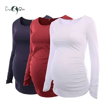 Paket 3pcs Strani Ruched Porodniškega Oblačila Noseča Vrh Scoopneck Dolg Rokav Bluzo T Shirt Ropa Mujer Plus Velikost Ženske Oblačila