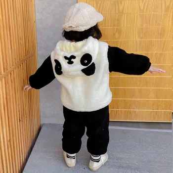 Panda Krzno Obleko, dvodelno, Pozimi Baby Fantje Dekleta Oblačila, ki Žamet Hooded Otroci Oblačila Otroci Malčka, Trenirke Majica