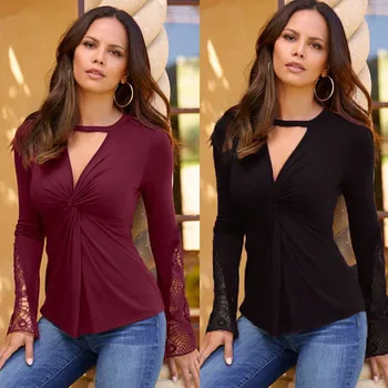 Plus Velikost XL, Womens Vrhovi In Vintage Bluze Čipke Mozaik Dolg Rokav Bluzo 2019 Ženske Obleke, Dame Moda Vrhovi Krpo A3