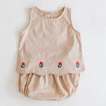 Poletje Newborn Baby Dekleta Bombaž Oblačila Moda Obleko brez Rokavov Bombaž Cvet Vrh+PP Hlače Otroci Priložnostne Oblačila Obleko