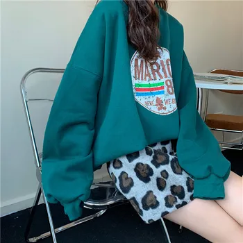Pravi strel korejska različica temno zelena svoboden natisnjeni žamet pulover + Leopard Tiskanja Krilo