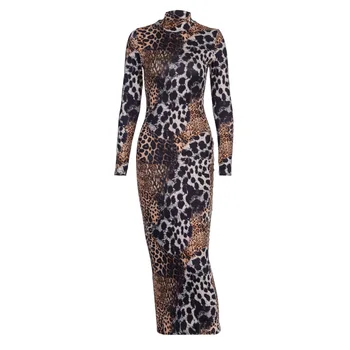 Priložnostne Leopard Tiskanja Mozaik Dolg Rokav Izruga Vratu Bodycon Dolgo Obleko 2020 Ženske Seksi Noč, Party Obleke Ulične Vestido