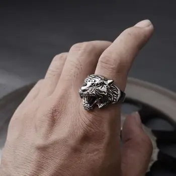 S srebrno izvirne zasnove novega izdelka retro nesramna pretirana tiger vodja moške temperament odpiranje prstan nastavljiv