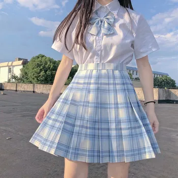 [Shinazugawa] Japonski Šoli Dekleta Visoko Pasu Nabrano Krila Modro Kariran Krila, Ženske obleke z Dolgimi in Kratkimi Rokavi JK Šolsko Uniformo