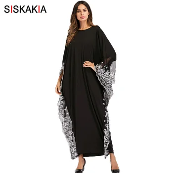 Siskakia Ženske noše Plus Velikost Jeseni Leta 2019 Fashion Lace Očesa Mozaik Oversize Jutranje Halje Dubaj Black Batwing Rokav Padec