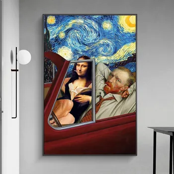 Smešno Art Van Gogh in Mona Lisa Vožnje Platno Plakati Povzetek Kajenje Oljnih Slik na Platnu Stenske Slike Doma Stenski Dekor