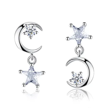 Spodbujanje 925 sterling silver fashion moon & star asimetrične sijoče kristalno ženske'stud uhani nakit, ženski alergijo brezplačno