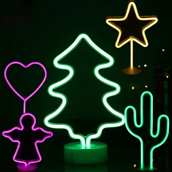Ustvarjalne LED Neon Noč Svetlobe Božično Drevo Star Srce Angel Kaktus Skulptura Lučka USB Soba Dekor Luč Božični Dekor Svetlobe