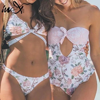 V-X Plus velikost kopalk, ženske cvjetnim tiskanja enodelne ženske kopalke monokini Izrezanka bikini 2020 Seksi vozel kopanje novo obleko XL