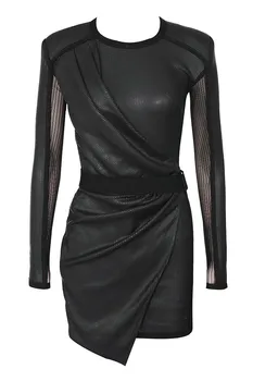 Visoka Kakovost Črno Dolg Rokav Strani Votlih Iz Usnja Stranka Obleko Seksi Obleko