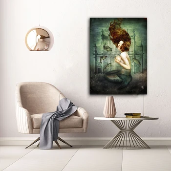 WANGART poster tiskanje morske deklice Biser Olje, Slikarsko Platno Stenske Slike za Dnevni Sobi Doma Dekor