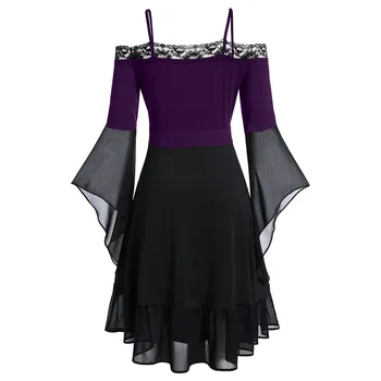 Womne Flare Rokav Gothic Obleka Ženske Modni Večer Stranka Mini Obleka Plus Velikost Hladno Ramo Čipke Visoko Pasu, Ženske Obleke