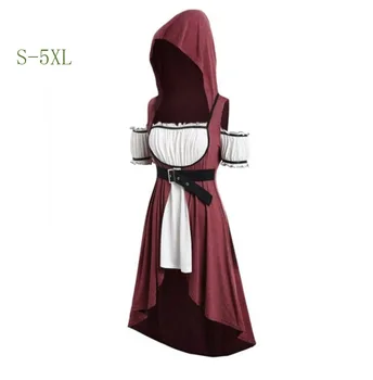 Xxxxxl xxxxl xxxl Srednjeveški Halloween Kostumi Ženske obleke Hooded Asimetrični Letnik Pasu Svoboden Retro Linije Kostum Plus Velikost