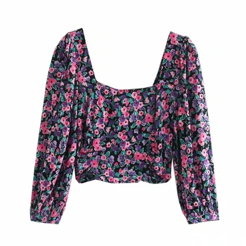Za ženske letnik cvet tiskanja kratek delavska bluzo majice ženske puff rokav priložnostne slim nazaj elastična blusas elegantna vrhovi Visoke kakovosti