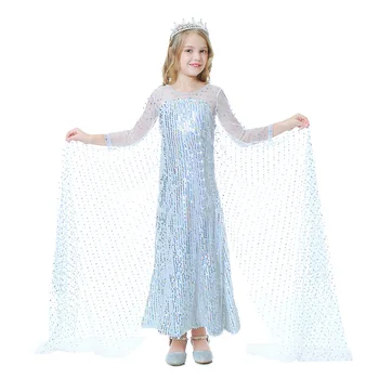 Zamrznjeno 2 Fancy Princesa Elsa Obleko Gor Božično Karneval Dekleta Elsa Kostum Za Otroka, Rojstni Dan Bele Sequined Dolgim Repom Obleko