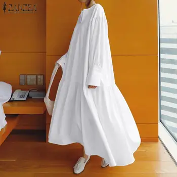 ZANZEA 2021 Moda Ruffle Obleko Žensk Poletje Sundress Priložnostne O Vratu Maxi Vestidos Ženski Dolg Rokav Haljo Femme Preobsežne