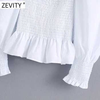 Zevity Nove ženske elegantne kvadratnih ovratnik elastična poplin delavska bluzo ženske puff rokav slim bele srajce elegantna odrezana vrhovi LS7033