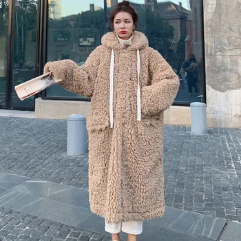 Zimski plašč ženske striženju Ovac Suknji 2020 korejski Moda Hooded lambswool Dolgo krzno plašč Priložnostne Ženske Jakna krzno Vrhnja oblačila