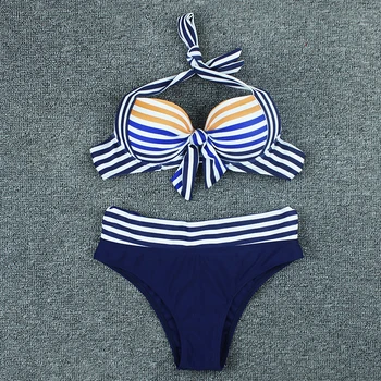 Črtasto Visoko Pasu Plus Velikost Bikini Kopalke Ženske Seksi Push Up Kopalke, Plavalna Obleka Za Žensko Plažo Dva Kosa Poletje XL