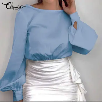 Ženske Elegantno Bluzo Celmia 2021 Jeseni Seksi Off Ramenski Saten Svila Majice Dolge Luči Rokav Dame Vrh Priložnostne Elegantno Blusas