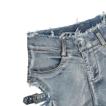 Ženske Hlače Ulične Visoke Pasu Sponke Traku Kul Denim Votlih Iz Kratke Jeans Zadrgo Letenje z Žepi