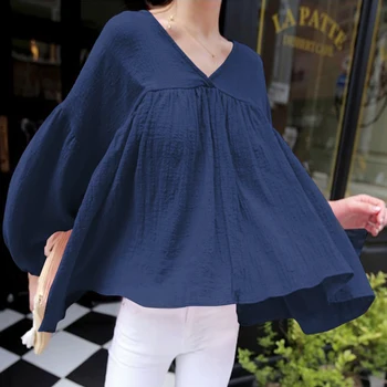 Ženske Tunika 2021 VONDA V Vratu Vintage Bluze Majice z Dolgimi Rokavi Bombaž Priložnostne Vrečasta Naguban Vrhovi Blusas Femininas Plus Velikost
