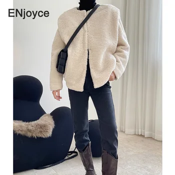 Ženske Zimske Umetno Jagnje Ovčje Volne Toplo Plašč Ženski Korejski Moda Belo Runo Suknjič Collarless Vrhnja Oblačila 2020