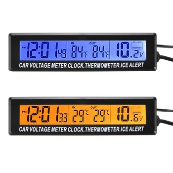 1Pc 3 in1 Avto Digitalni LCD Ura & Zaprtih prostorih in na Prostem Prikaz Temperature & Napetosti Monitor, Prenosni Avto Modra Oranžna Osvetlitev