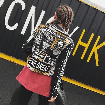 2019 Leopard Tiskanja PU Umetno Usnje Motoristična Jakna Coats Punk Rock Grafiti Vrhnja oblačila High Street Modne blagovne Znamke Ženske Kovice