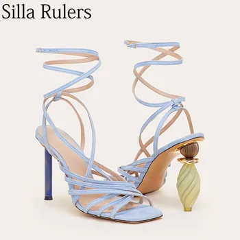 2019 pomlad gospe čudno slog gleženj trak sandali seksi peep toe visoke pete ženske sandale pravega usnja poletje ženska, čevlji