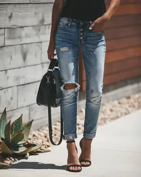 2020 Visoko Pasu Vintage Oprana Vrstico Gumb Design Luknje Jeans Za ženske Celotno Dolžino Svinčnika, Hlače Poletje Modni Jeans