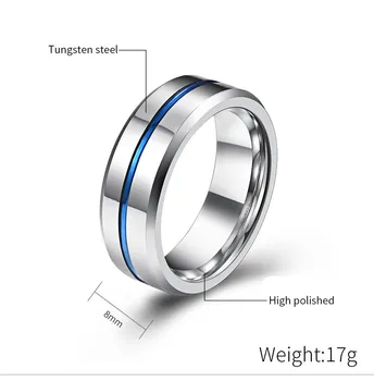 8 mm Volfram Jekla Band Ring Preprost Srebrne Barve V Modro Moške Obroči Darilo Za Poroko Posla Obletnico Moški Nakit