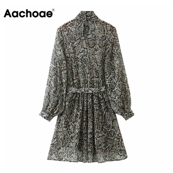 Aachoae 2020 Moda za Ženske Kača Tiskanja Obleko Lok Kravato Vratu Ulične Mini Šifon Obleko Povoj Naguban Sundress Femme Haljo S-XL