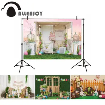 Allenjoy velikonočni ozadju pomlad otroka, novorojenčka lesena hiša zajec travnik stranka fotografija ozadje dekor foto studio photobooth
