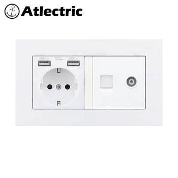Atlectric DE EU Španija Vtič v električno Vtičnico Dvojno USB, RJ45 Podatkov, TV, Računalnik, Televizija Vrata Vtičnico in Vtičnico PC Plošča Dvojno Vtičnico