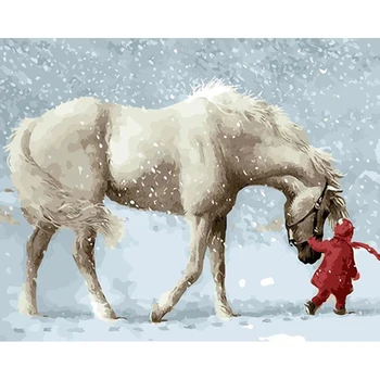 Barvanje Z Številkami DIY Dropshipping 40x50 50x65cm Beli Konj V Sneg Živali Platno Poročno Dekoracijo slikah Darilo