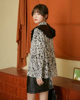 CHEERART Leopard Tiskanja korejski Bluzo Ženske Long Sleeve Vintage Vrh Gumb Gor Ovratnik Shirt Dame Vrh Jeseni Leta 2020 Oblačila
