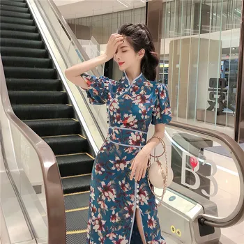 Do Leta 2020 Kitajska Obleka Cheongsam Qipao Vestido Chino Orientalski Obleko Cheongsam Perilo Mandarin Ovratnik Kimono Style Visoko Split Qipao