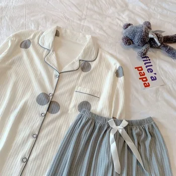 Domov Oblačila za Ženske Polka Dot Pižamo za Ženske Bombaž Doma Obleko Sleepwear Nastavite Dolgo sleeved Hlače Dva Kosa iz Ženske 2021